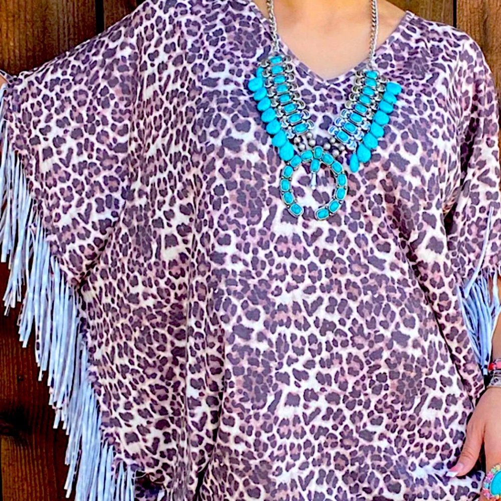 Leopard Oversized Western Fringe Top Small Thru 3XL